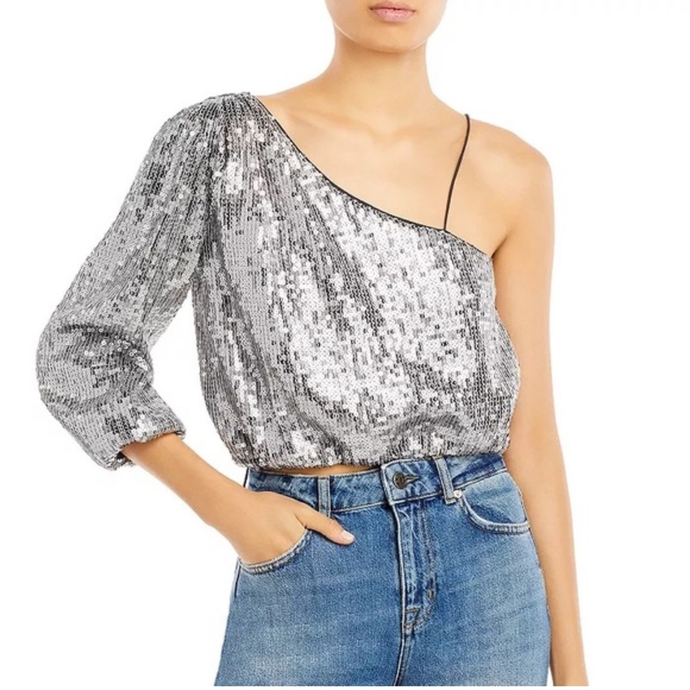 Alice + Olivia Silver Sequin Asymmetrical Top
